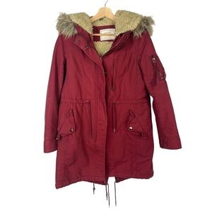 Zara Red Full Zip Cinched Waist Fur Trim Hood Parka Jacket S